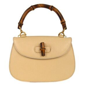 Gucci Vintage Convertible Bamboo Top Handle Bag Leather Beige Leather Handbag